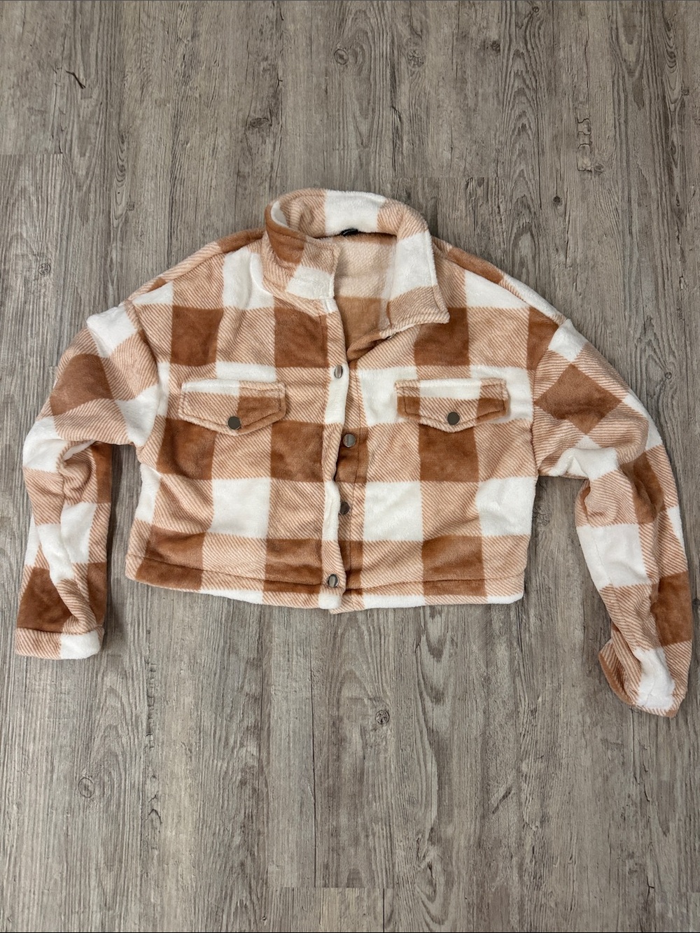 SHEIN Cropped Plaid Teddy Jacket - White & Brown